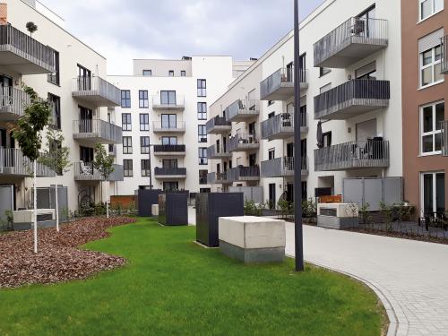 Lawn, small trees and driveways surrounded by housing blocks